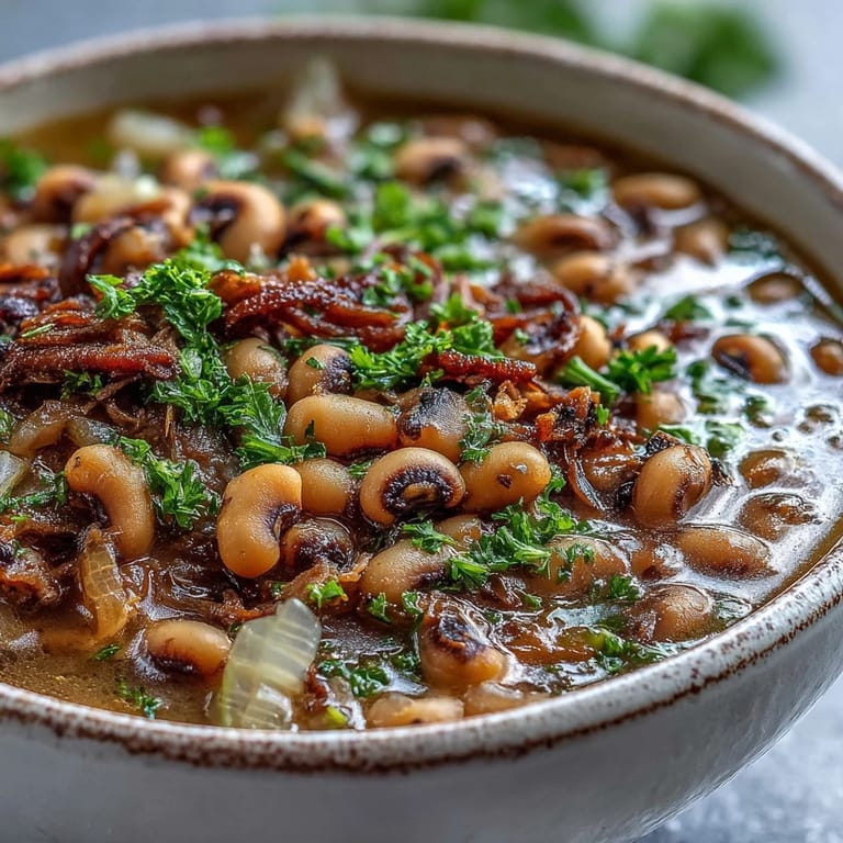 Tender black-eyed peas loaded with shredded smoked pork, served hot in a rustic bowl garnished with fresh parsley for a Southern New Years feast.