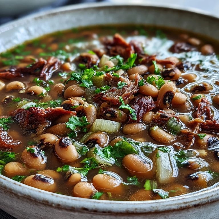A hearty ladle of Classic New Years Black-Eyed Peas reveals rich, smoky broth and tender vegetables, ready to be enjoyed with cornbread and hot sauce.