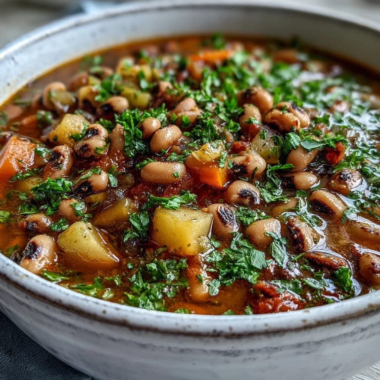 Close-up of Black-Eyed Pea Stew with Chefs Touch, highlighting savory carrots, potatoes, and peas in a spoon ready to be served.