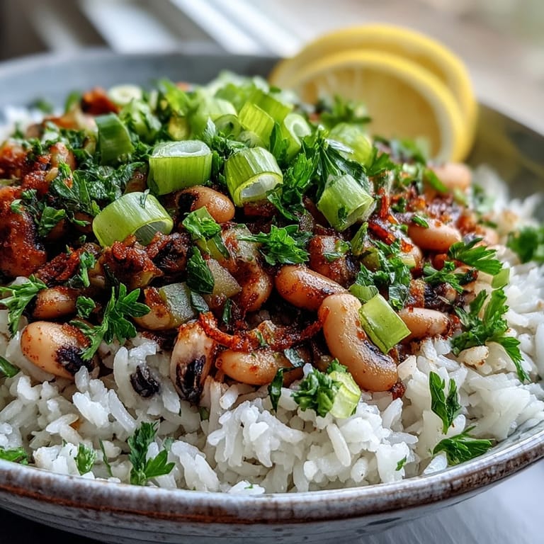 Close-up of Vegetarian Hoppin John featuring black-eyed peas, diced vegetables, and smoked paprika, perfect for a hearty Southern-inspired meal.