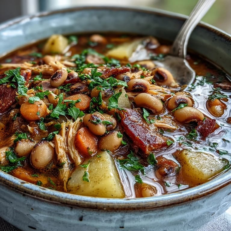 Spoon lifting tender vegetables and shredded ham from Black-Eyed Pea Stew with Smoked Ham Hocks in a rich, hearty broth.