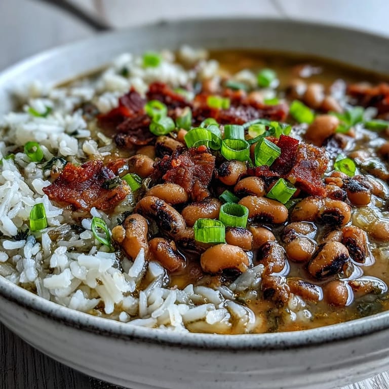 Hearty bowl of Hoppin John with black-eyed peas over white rice, garnished with scallions and hot sauce.