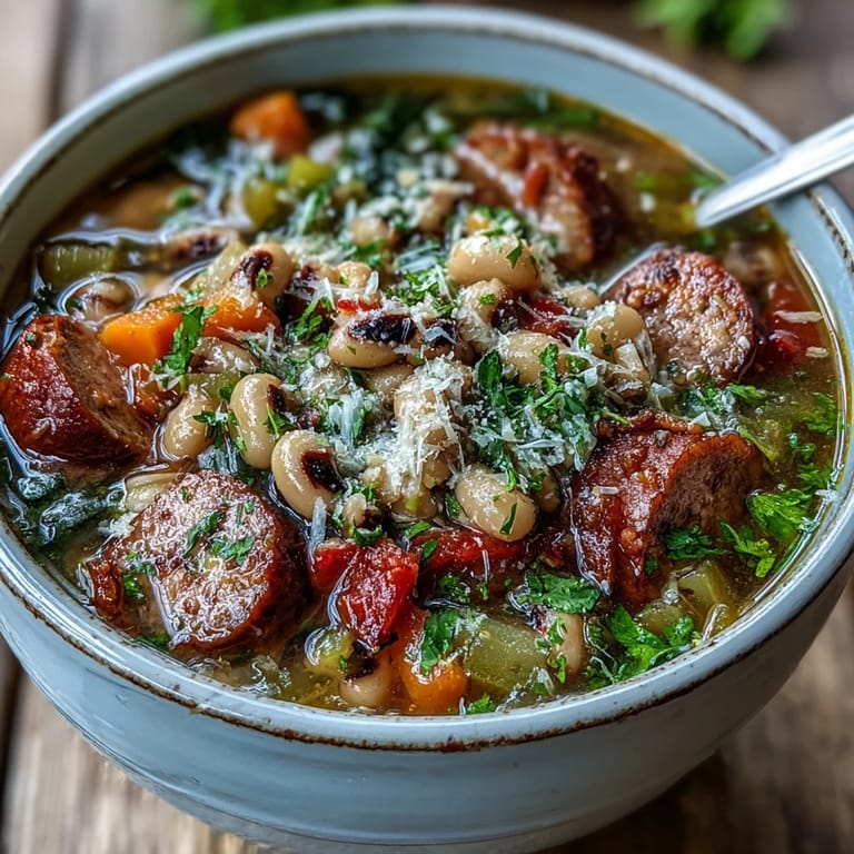 Savory Black-Eyed Peas and Sausage Soup is served steaming hot alongside a slice of crusty bread for dipping.