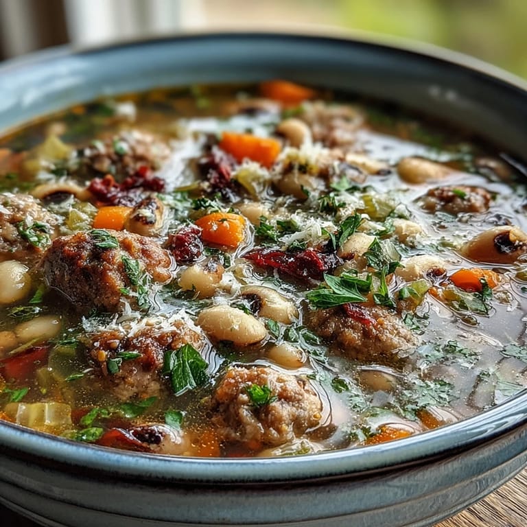 The finished Black-Eyed Peas and Sausage Soup is ladled into a white bowl, garnished with fresh parsley and a Parmesan sprinkle.