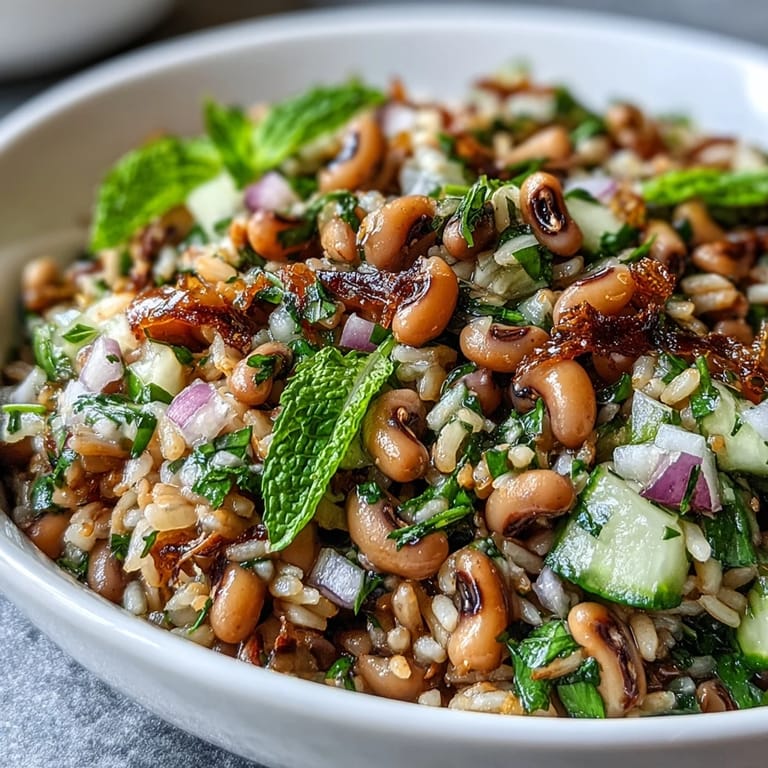 A vibrant serving of Southern Black Eyed Pea Salad with brown rice, fresh mint, and a zesty lemon dressing.