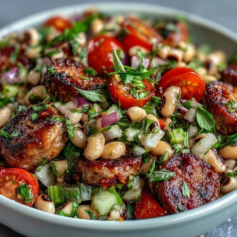 Close-up of Hoppin John Style Black-Eyed Pea Salad with Turkey Sausage, showing diced red peppers and creamy Dijon mustard dressing.