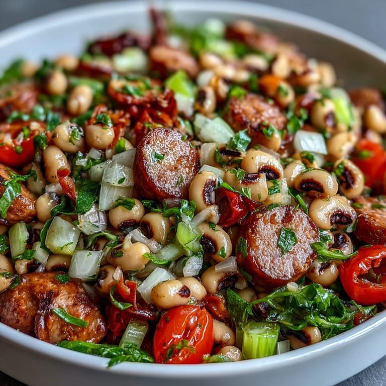 Overhead view of Hoppin John Style Black-Eyed Pea Salad with Turkey Sausage plated on greens, garnished with fresh green tarragon.