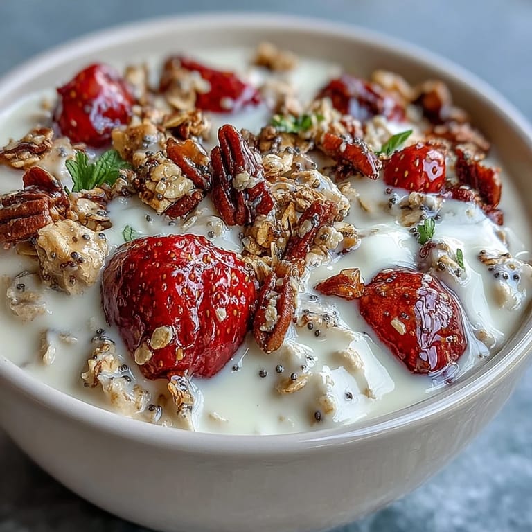 Creamy strawberry overnight oats topped with crunchy granola and juicy chia seeds make a refreshing, nutritious breakfast that's ready when you wake up.