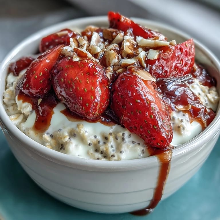 Overnight oats with strawberry and chia, a make-ahead breakfast with juicy fruit and a creamy, satisfying texture.