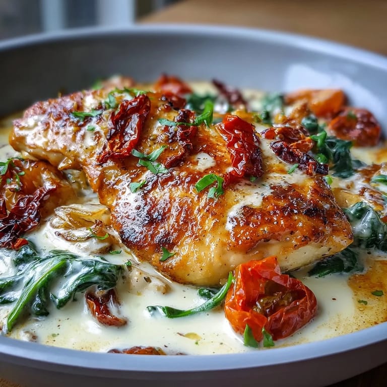 Savory Creamy Tuscan Chicken Skillet served with tender chicken in a luscious Parmesan cream sauce, perfect for a comforting dinner.