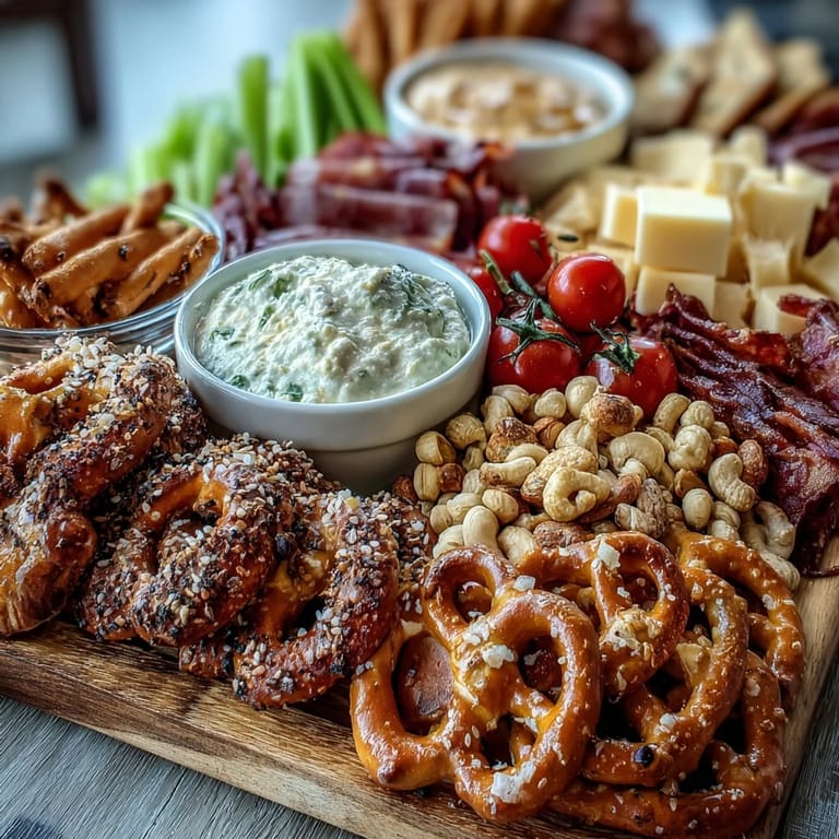 Vibrant Game Day Baseball Snack Board with Pretzels and Dips showcasing a variety of pretzel types, savory dips, and crunchy accompaniments for sharing.
