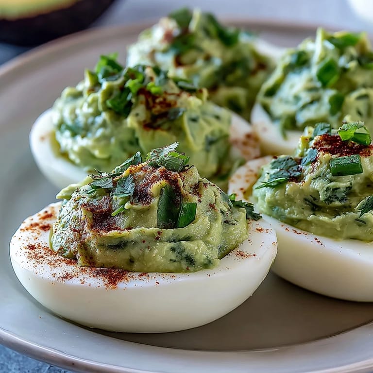 Creamy avocado filling piped into egg whites, garnished with dill and chives for a fresh, colorful appetizer.