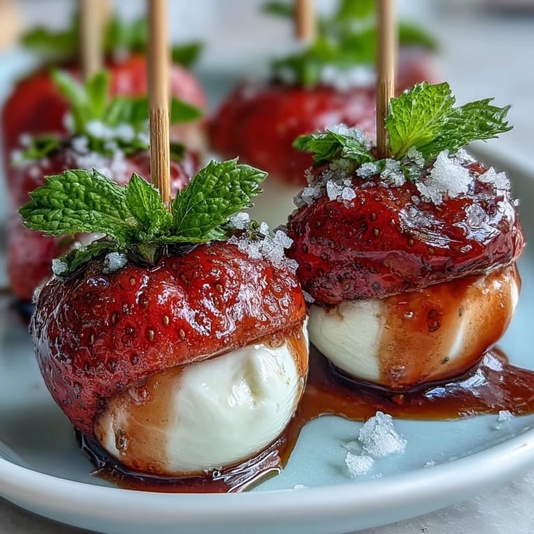 Juicy strawberries and mozzarella balls threaded with basil leaves, finished with balsamic drizzle for a bright, Italian-inspired appetizer.