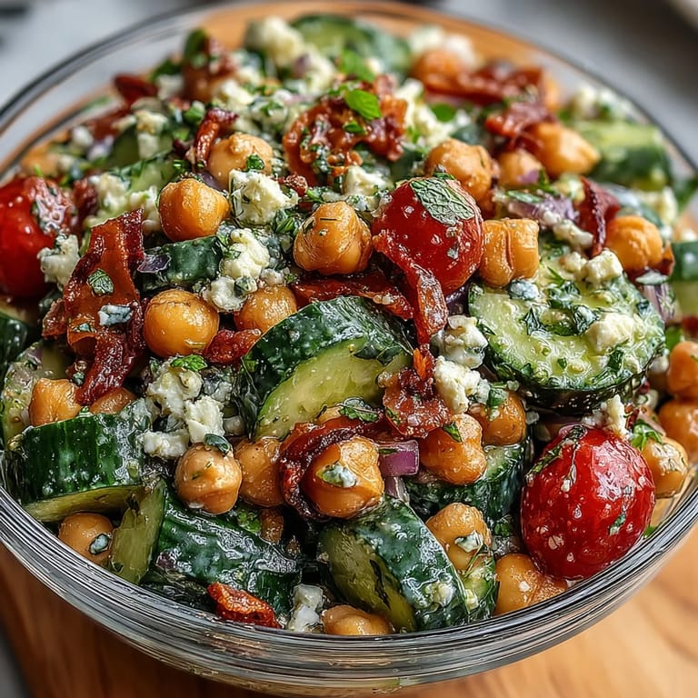 Refreshing cucumber and chickpea salad with zesty lemon vinaigrette, perfect for a light, protein-packed lunch or healthy side dish.