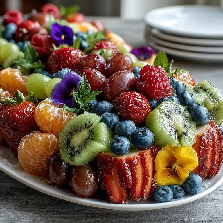 Fresh, colorful fruit display featuring edible flowers—ideal for festive graduation gatherings.
