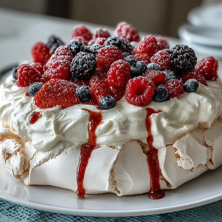 2. Celebrate Mothers Day with this elegant pavlova dessert—golden meringue base crowned with fluffy vanilla cream and vibrant seasonal berries.  