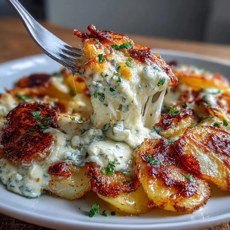 Easy Cheesy Scalloped Potatoes recipe featuring bubbling cheese sauce over perfectly baked potato slices.  