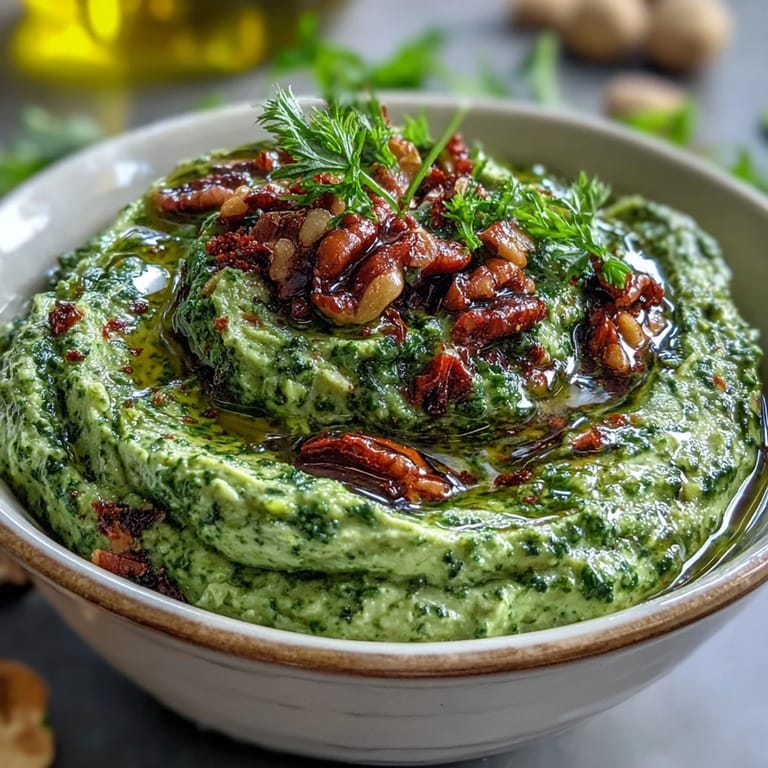 Toasted pine nut and dandelion pesto with garlic, a vibrant, slightly bitter spread ideal for crackers, bruschetta, or roasted vegetables.