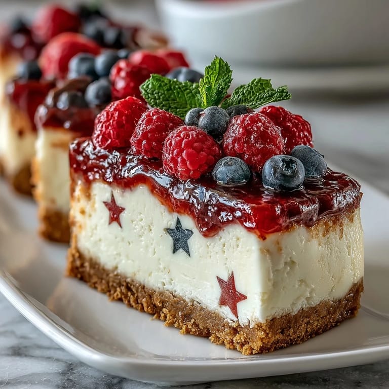 Patriotic no-bake cheesecake decorated with blueberries and strawberry stripes, ideal for Fourth of July gatherings. Bright red and blue berries pop against smooth white cheesecake filling.