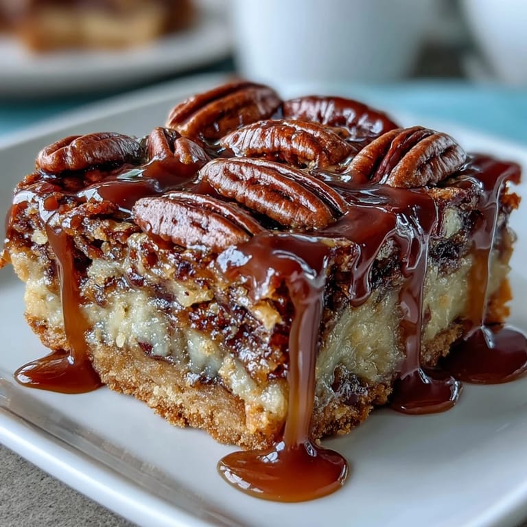 Southern pecan pie bars baked in a buttery shortbread crust, rich filling studded with crunchy pecans and glossy bourbon glaze.  