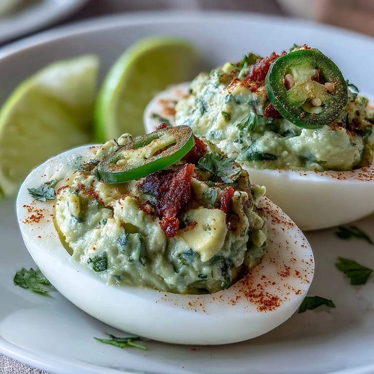 Bright green guacamole stuffed into hard-boiled egg whites, sprinkled with smoked paprika and fresh herbs for a fresh, Mexican-inspired appetizer.