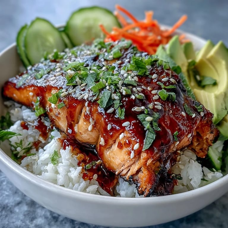 Savory teriyaki-glazed salmon over jasmine rice, topped with avocado, cucumber, and sesame seeds in a vibrant bowl.