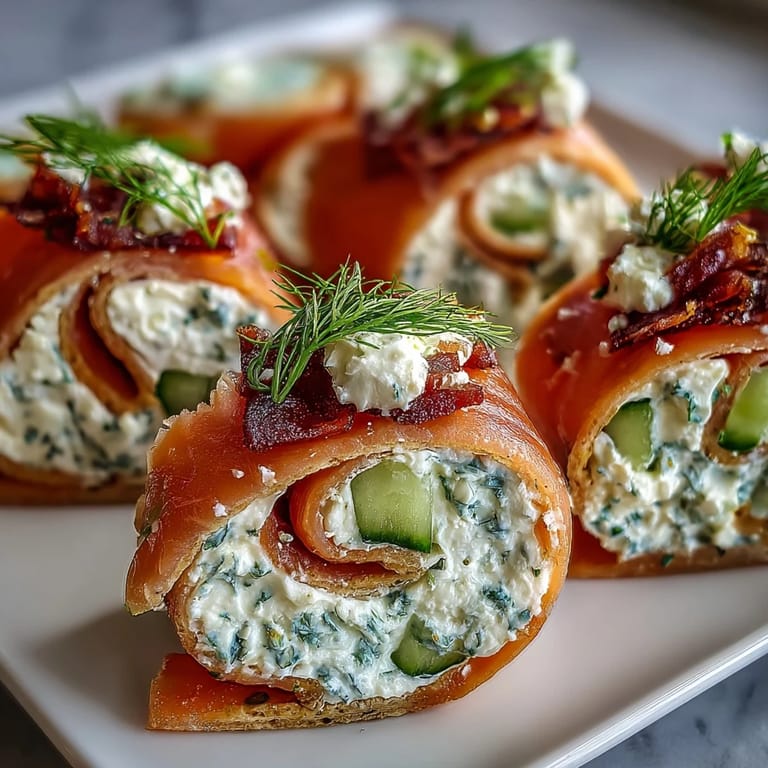 Close-up of smoked salmon and cucumber cream cheese pinwheels, showcasing the creamy filling and delicate layers rolled in soft tortillas.