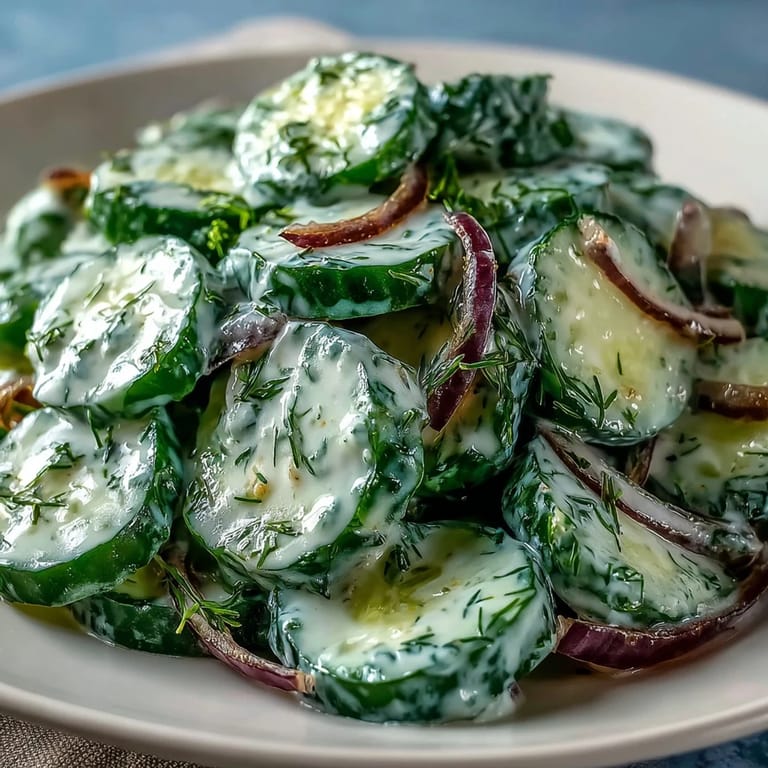 Refreshing Creamy Cucumber Dill Salad featuring thinly sliced cucumbers tossed in a creamy, herb-infused dressing with a hint of garlic.  