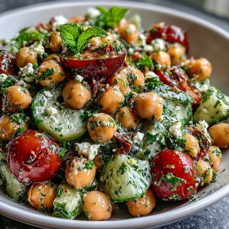 Refreshing Mediterranean chickpea salad tossed with parsley, mint, and lemon dressing—ideal for summer picnics or lunches.