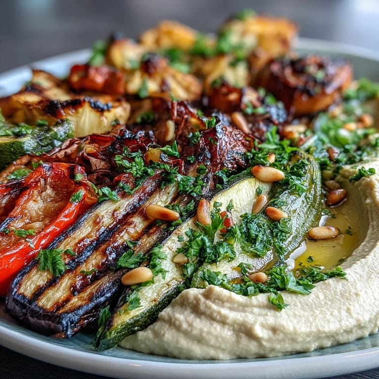 Vibrant grilled vegetables served with smooth hummus, offering a fresh, plant-based appetizer or side dish for picnics and barbecues.