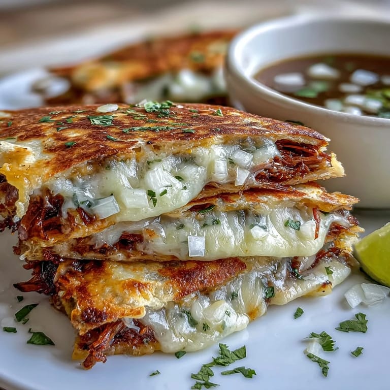 Crispy quesadillas filled with juicy birria beef, served alongside a warm, savory consommé for festive dipping.  