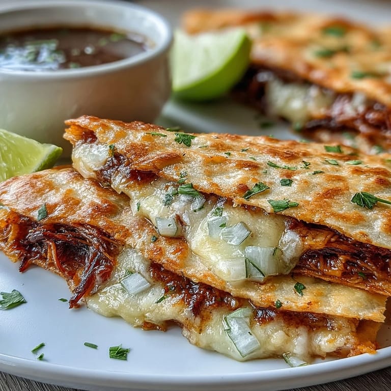 Festive birria quesadillas featuring rich, spiced beef and gooey cheese, paired with a flavorful consommé broth.