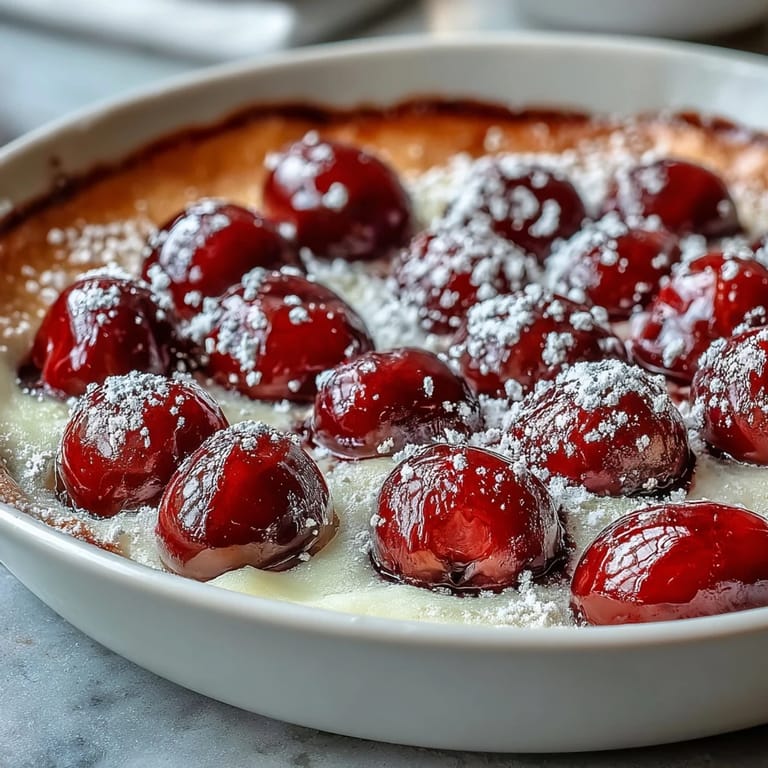 Warm vanilla bean clafoutis with juicy cherries, ready for a dusting of sugar.