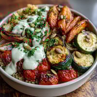 Colorful roasted vegetables and fluffy quinoa in a white bowl, ready for the Roasted Vegetable Quinoa Bowl.