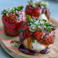 Fresh strawberry caprese skewers with mozzarella and basil, drizzled with balsamic glaze for a sweet and tangy summer appetizer.  