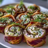 Smoked salmon and cucumber cream cheese pinwheels with dill on a white platter, perfect for elegant appetizers or brunch gatherings.