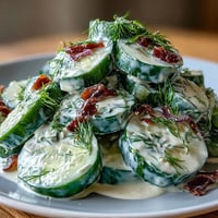 Creamy Cucumber Dill Salad with crisp cucumbers and red onion in tangy dill dressing, perfect for summer picnics or barbecues.  
