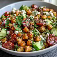 Vibrant cold chickpea salad with lemon herbs, fresh tomatoes, and crisp cucumbers in a bright bowl.