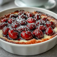 Golden fresh cherry clafoutis studded with bright red cherries, baked to perfection.